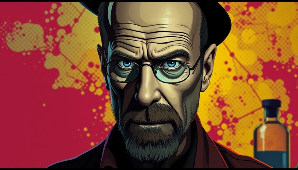 Detailed portrait of Walter White, the iconic chemistry teacher turned meth kingpin from the acclaimed TV series "Breaking Bad". Set against a vibrant, pop art-inspired background, the portrait captures Walter's intense gaze and the conflicted essence of his character. Dramatic lighting from the side emphasizes his chiaroscuro features, creating a moody, cinematic atmosphere. The image exudes a sense of duality, reflecting Walter's descent into the criminal underworld while still maintaining his intellectual persona. Subtle visual cues, such as chemistry glassware or the Heisenberg hat, further reinforce his cultural legacy as a complex anti-hero and a symbol of the modern age.