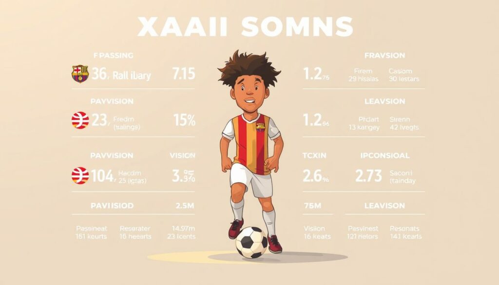 Detailed statistics of Xavi Simons, the talented young midfielder, presented in a clean, minimalist style. Centered composition shows his key attributes like passing, vision, and ball control, showcased against a neutral background with subtle gradients. Utilizes a warm, subdued color palette to convey a sense of professionalism and technical prowess. Shot with a wide-angle lens to capture the full scope of the data visualization, with soft, even lighting to highlight the subject. The overall mood is one of analytical focus, highlighting Xavi's impressive skills and potential to become a true maestro on the pitch.