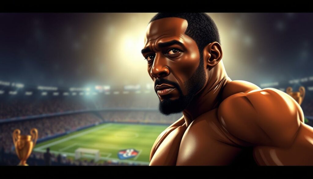 Didier Drogba Statistiken - a captivating portrait of the legendary Ivorian striker, set against a softly blurred background of soccer stadiums and trophies. Drogba's powerful physique and focused gaze command the frame, illuminated by dramatic lighting that accentuates his chiseled features. The image conveys a sense of strength, determination, and the immense impact Drogba had on the sport, capturing the essence of his career at its peak. Rendered in a photorealistic style, the image seamlessly blends realism with a touch of artistic flair, inviting the viewer to immerse themselves in the story of this influential footballer.