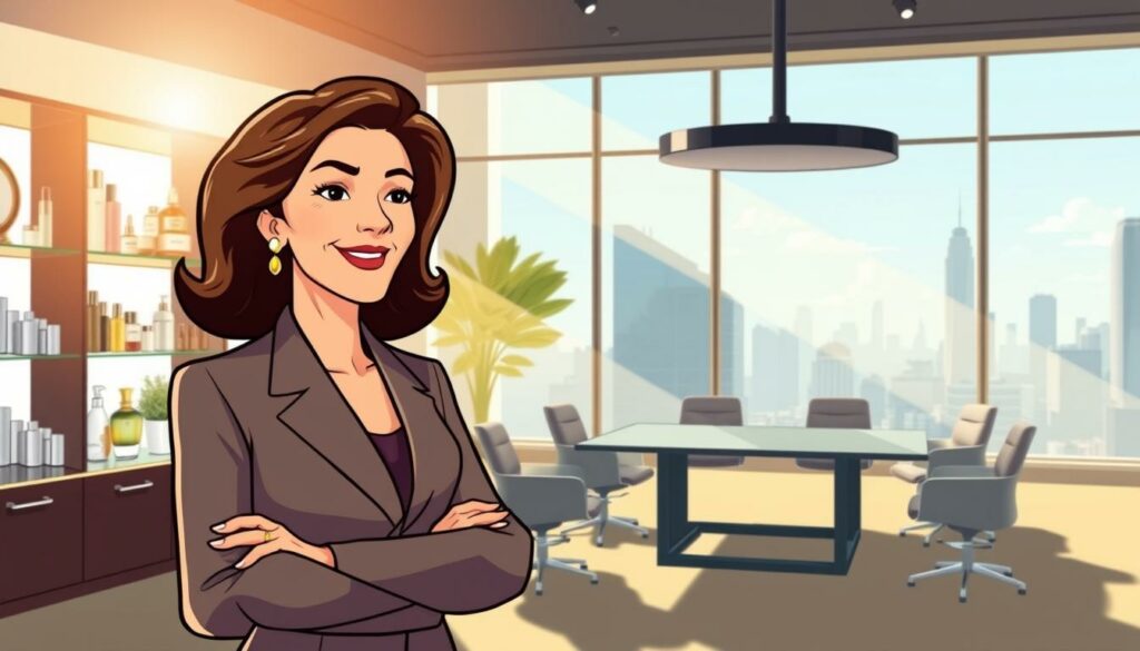 Elegant and sophisticated corporate office setting, sunlight streaming through large windows, casting a warm glow. In the foreground, a well-dressed woman, poised and confident, represents Estée Lauder's commitment to social responsibility. Behind her, shelves display Estée Lauder's iconic beauty products, symbolizing the brand's legacy. The middle ground features a modern conference table, signifying the company's boardroom discussions on ethical practices. In the background, a cityscape skyline hints at Estée Lauder's global reach and influence. The overall atmosphere conveys a sense of purpose, leadership, and Estée Lauder's dedication to making a positive impact.