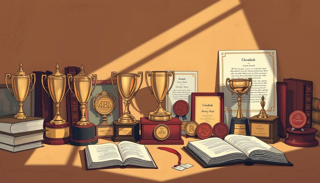 Intricate array of literary awards and accolades, artfully displayed against a backdrop of warm, muted tones. Elegant trophy statuettes, shimmering medals, and delicate certificates, each reflecting the esteemed recognition bestowed upon the acclaimed author. The composition evokes a sense of scholarly refinement and literary prestige, capturing the essence of a lifetime of exceptional creative achievement. Soft natural lighting casts gentle shadows, creating depth and dimension, while a subtly textured surface lends an air of authenticity. This visually captivating tableau serves as a testament to the author's profound impact and the reverence with which their literary contributions have been received.
