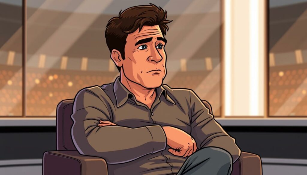 Lothar Matthäus, the legendary German football player, sitting comfortably in a modern television studio, leaning forward with a pensive expression, ready to share his expert analysis. The lighting is warm and flattering, illuminating his distinguished features and the sleek, minimalist set design around him. The camera angle is slightly elevated, conveying his authoritative presence as a respected pundit. Matthäus' body language exudes confidence and experience, reflecting his transition from the pitch to the expert chair, where he now commands attention with his insightful commentary on the beautiful game.