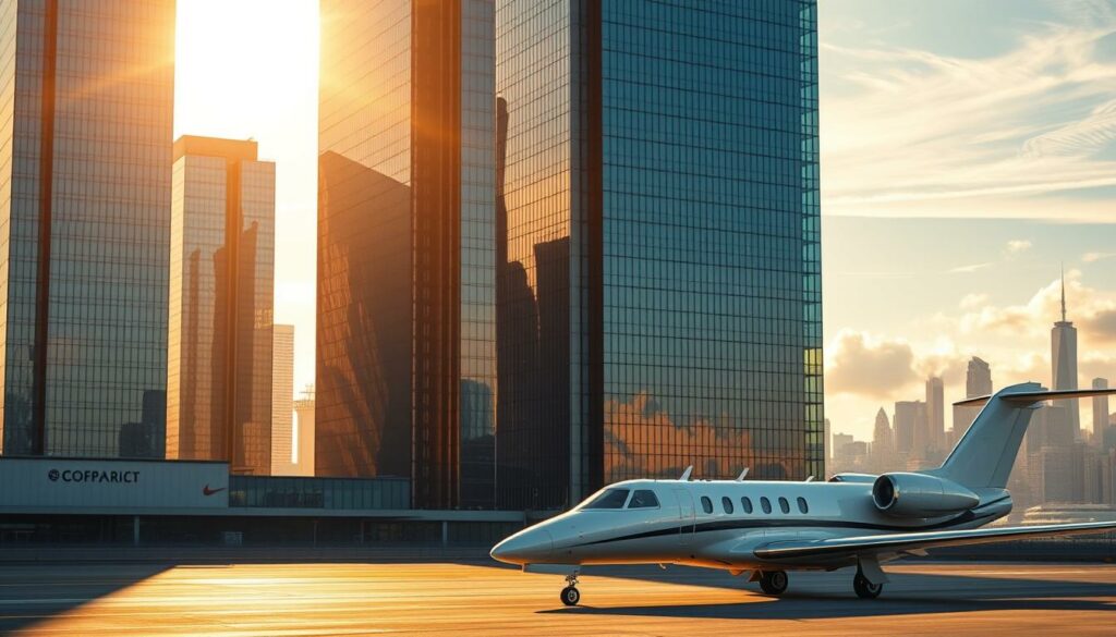 Majestic glass skyscrapers stand tall, their reflective facades glistening in the golden afternoon sunlight. In the foreground, a sleek private jet taxis along the tarmac, its polished exterior hinting at the immense wealth and privilege of its owners. The middle ground reveals a bustling city skyline, a testament to the vast resources and ambition of the tech titans who have transformed this landscape. Wispy clouds drift overhead, casting dramatic shadows that add depth and drama to the scene. The overall impression is one of power, innovation, and unimaginable privilege - a visual embodiment of the "Milliardenvermögen und neue Projekte" that have catapulted these industry giants to the pinnacle of success.
