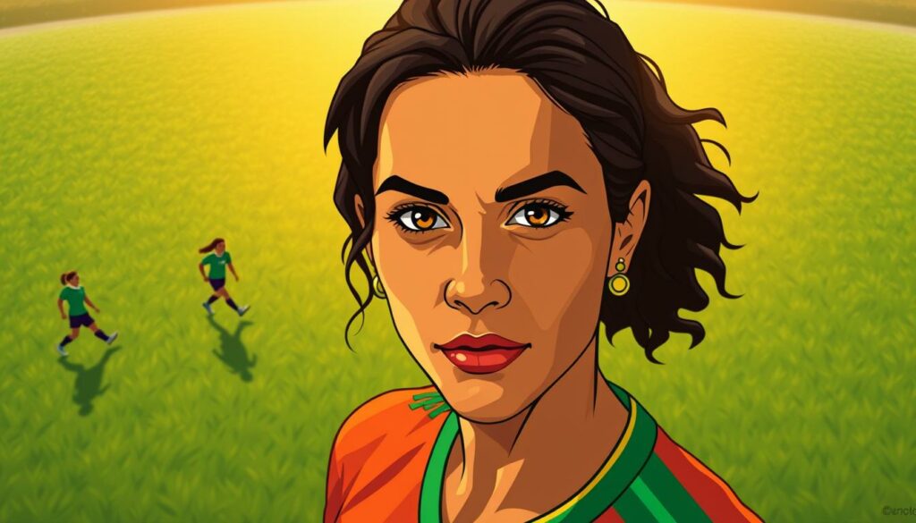 Marta Vieira, the Brazilian football goddess, stands tall and proud, her gaze piercing the viewer. In the foreground, a vibrant mosaic of colors representing the vibrancy and dynamism of women's football. Behind her, a field of verdant grass stretches out, dotted with the silhouettes of players in motion, symbolizing the growth and evolution of the sport. Warm, golden lighting casts a halo-like effect, evoking a sense of reverence and inspiration. The scene is captured through a cinematic, wide-angle lens, highlighting the grandeur and significance of Marta's legacy in shaping the future of women's football.