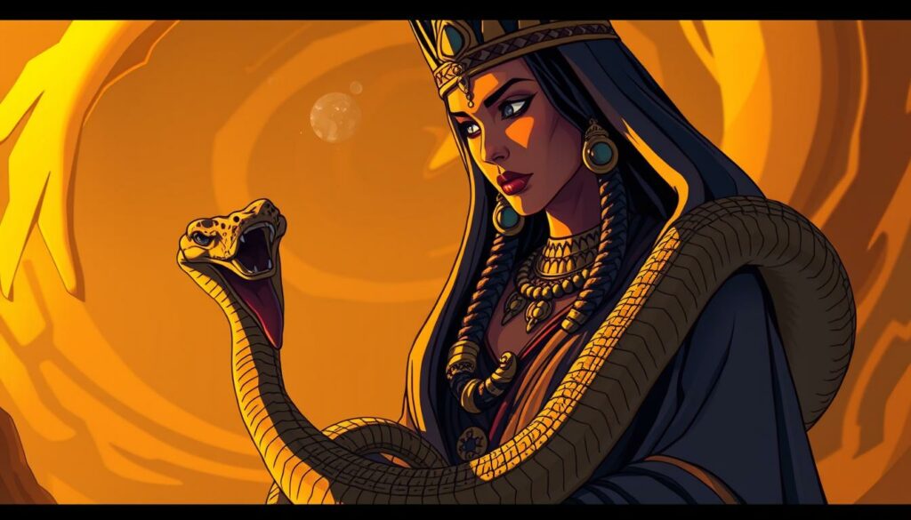 Regal and enigmatic, a majestic queen stands tall, her piercing gaze meeting the coiled, serpentine form of a cobra. Draped in flowing robes, her countenance exudes a captivating mixture of power and mystery. The scene is illuminated by a warm, golden light, casting dramatic shadows that heighten the sense of tension and foreboding. The background is a swirling, Egyptianesque landscape, hinting at the queen's domain and the looming fate that awaits her. Captured in this moment, the viewer is drawn into the Queen's world, where the line between life and death is delicately balanced.