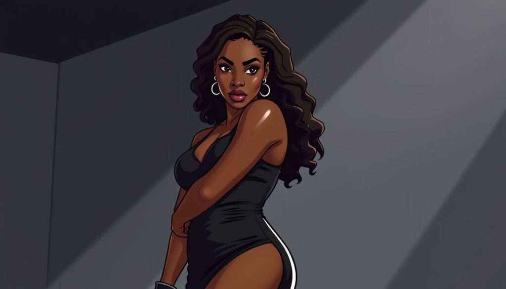 Serena Williams, the tennis icon, gracefully poses in a high-fashion editorial setting. Draped in a sleek, form-fitting black dress that accentuates her powerful physique, she exudes confidence and elegance. Soft, directional lighting illuminates her face, capturing her fierce gaze and sultry expression. The background features a minimalist, monochromatic environment, allowing Serena's striking silhouette to take center stage. A subtle, glamorous vibe permeates the scene, showcasing Serena's transformative ability to transcend the tennis court and become a true style maven. The overall image conveys Serena's dual nature - a fierce athlete and a captivating fashion icon.