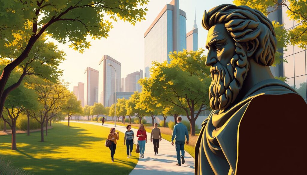 Sokratische Philosophie in der Moderne: A serene, contemplative scene set in a modern urban landscape. In the foreground, a bronze statue of Socrates stands tall, his pensive gaze gazing into the distance. The sculpture is illuminated by warm, diffused sunlight filtering through a canopy of lush, verdant trees. In the middle ground, pedestrians stroll along a winding path, engaged in animated discussions, their gestures and expressions echoing the spirit of Socratic dialogue. The background features a striking skyline of sleek, contemporary buildings, their glass facades reflecting the changing light and hinting at the enduring influence of Socratic thought in the modern world. The overall atmosphere is one of intellectual contemplation, where the timeless wisdom of Socrates meets the dynamic pulse of the 21st century.