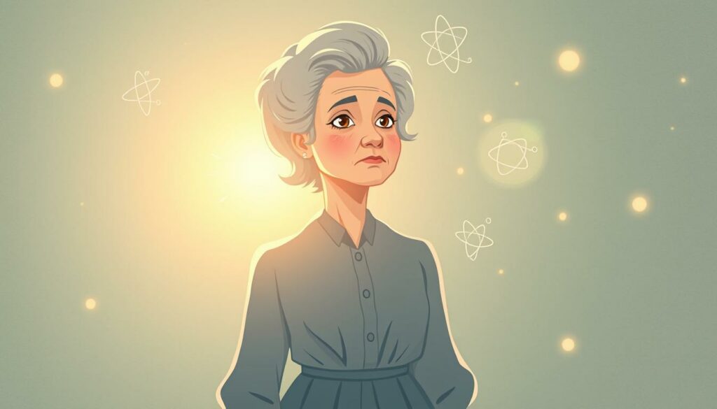 Vermächtnis Marie Curie: A luminous radiant figure, Marie Curie, stands resolute, her gaze fixed on the future. Soft, ethereal light bathes her form, casting a glow that seems to emanate from within. Hovering around her, delicate wisps of energy swirl, hinting at the groundbreaking discoveries that defined her legacy. The backdrop is a dreamlike, textured expanse, suggesting the vast realms of scientific exploration she unveiled. Subtle hints of laboratory equipment and scientific symbols adorn the scene, weaving the narrative of her pioneering contributions. An air of reverence and contemplation permeates the moment, inviting the viewer to reflect on the impact of this remarkable woman's life and work.