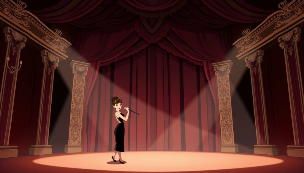a sophisticated Broadway stage in the 1950s, featuring the iconic Audrey Hepburn performing on stage with a confident, elegant poise. The spotlight shines brightly on her, illuminating her delicate features and graceful movements. The background is dimly lit, with a grand, ornate theater curtain rising behind her. The scene exudes a sense of timeless glamour and the allure of the golden age of Hollywood. Audrey's iconic Breakfast at Tiffany's-inspired look, complete with a sleek updo and a chic black dress, commands the attention of the audience. The overall atmosphere is one of captivating stage presence and the beginning of Audrey Hepburn's journey to becoming a legendary Hollywood icon.