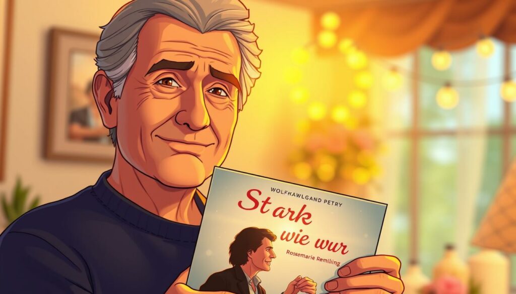 A close-up portrait of Wolfgang Petry, the iconic German singer-songwriter, holding the cover of his album "Stark wie wir" with a warm, affectionate gaze. He is positioned in the foreground, illuminated by soft, golden lighting that accentuates his features and creates a sense of intimacy. The background is blurred, hinting at a romantic, dreamlike setting, perhaps a cozy living room or a serene outdoor scene, symbolizing the deep connection between Petry and his beloved wife, Rosemarie Remling, on the occasion of their 50th wedding anniversary. The overall mood is one of heartfelt devotion, capturing the essence of Petry's musical tribute to his lifelong partner. Rosemarie Remling und Wolfgang Petry