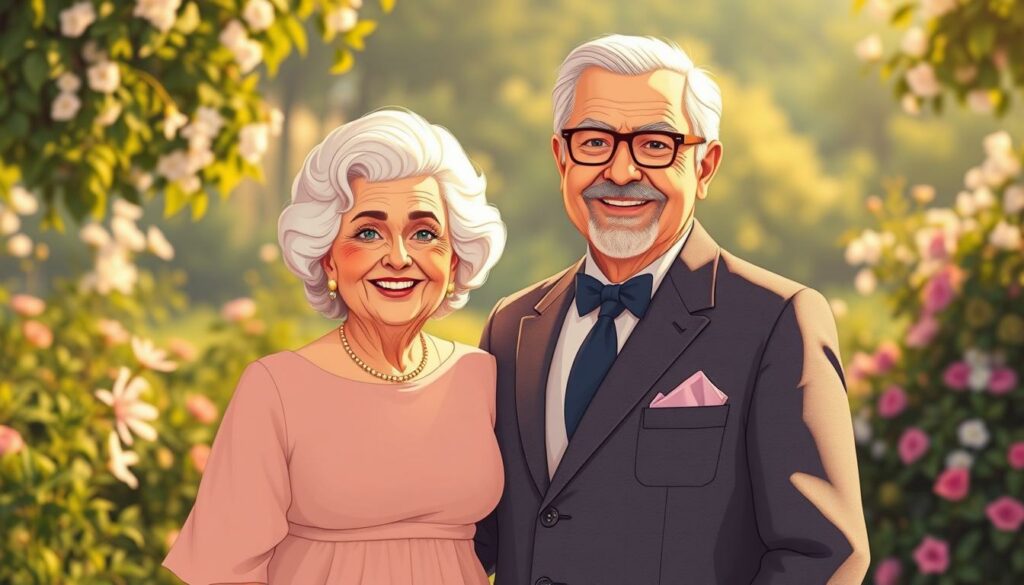 A golden wedding anniversary celebration with Wolfgang Petry and his wife, captured in a classic yet stylish portrayal. A warm, inviting atmosphere fills the scene, with soft natural lighting casting a gentle glow upon the couple as they stand side by side, facing the camera with a sense of contentment and joy. They are dressed elegantly, with the wife in a flowing, pastel-colored dress and the husband in a tailored suit, their expressions radiating the comfort and trust of a lifelong partnership. The background is a serene, lush garden setting, with vibrant greenery and delicate flowers adding a touch of timeless beauty to the moment. The overall composition conveys a feeling of timelessness, celebrating the enduring love and commitment shared by the couple over their 50 years of marriage. Goldene Hochzeit: Ein Fest der 50 gemeinsamen Jahre Rosemarie Remling und Wolfgang Petry