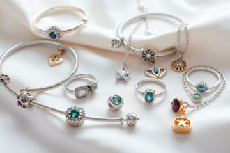 Pandora Schmuckkollektion mit verschiedenen Armbändern, Charms und Ringen auf elegantem Hintergrund