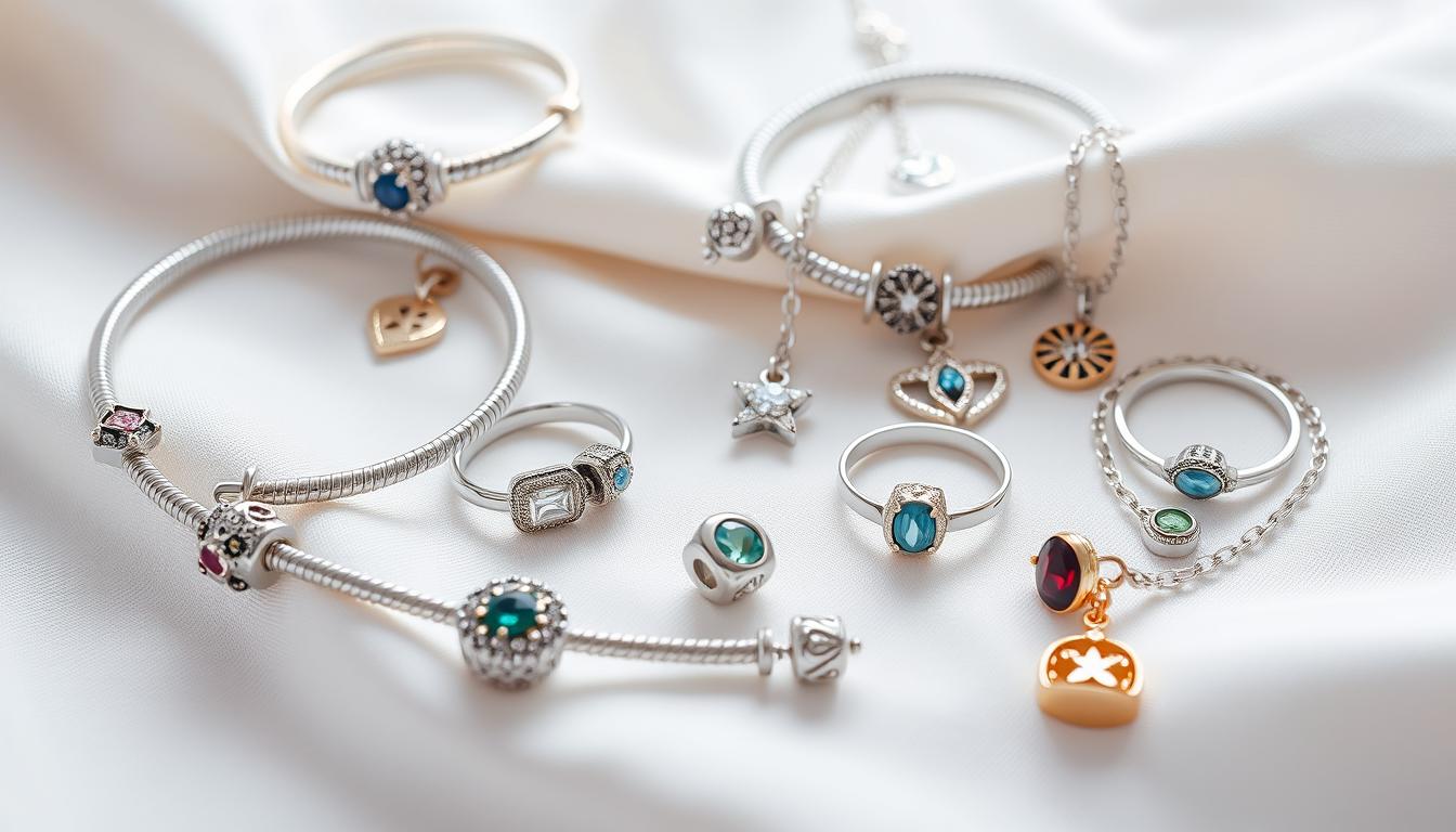 Pandora Schmuckkollektion mit verschiedenen Armbändern, Charms und Ringen auf elegantem Hintergrund