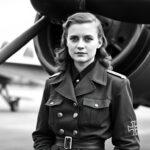 Beate Uhse als junge Pilotin in Uniform vor einem Flugzeug der deutschen Luftwaffe