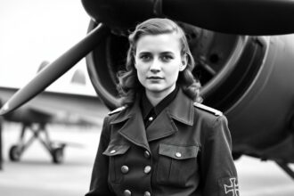 Beate Uhse als junge Pilotin in Uniform vor einem Flugzeug der deutschen Luftwaffe