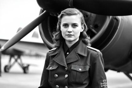 Beate Uhse als junge Pilotin in Uniform vor einem Flugzeug der deutschen Luftwaffe
