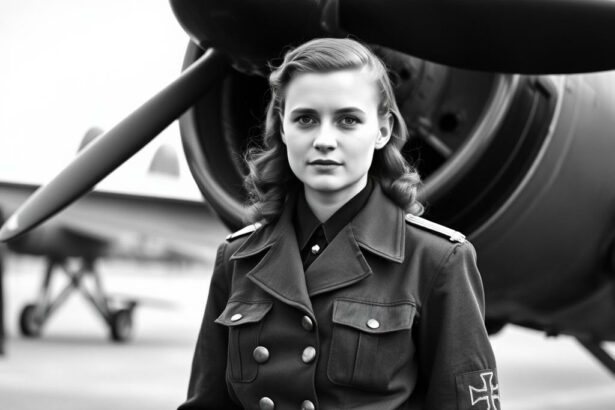 Beate Uhse als junge Pilotin in Uniform vor einem Flugzeug der deutschen Luftwaffe