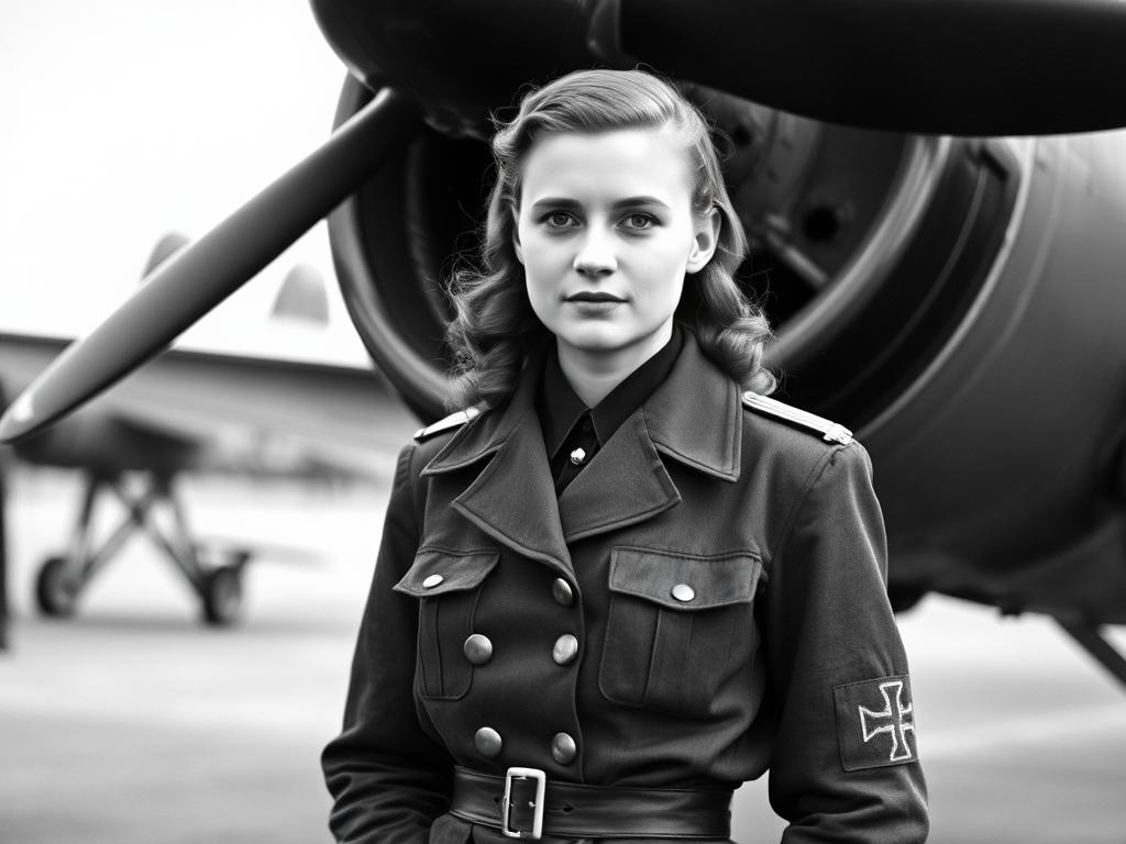 Beate Uhse als junge Pilotin in Uniform vor einem Flugzeug der deutschen Luftwaffe