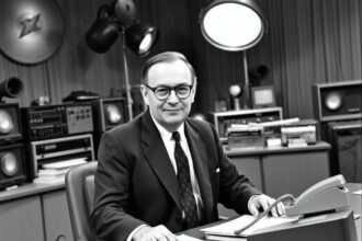 Eduard Zimmermann, der Gründer von Aktenzeichen XY ungelöst, im Studio der ersten Sendungen 1967