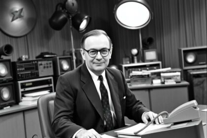 Eduard Zimmermann, der Gründer von Aktenzeichen XY ungelöst, im Studio der ersten Sendungen 1967
