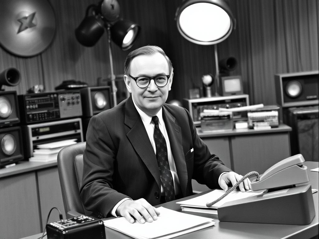 Eduard Zimmermann, der Gründer von Aktenzeichen XY ungelöst, im Studio der ersten Sendungen 1967