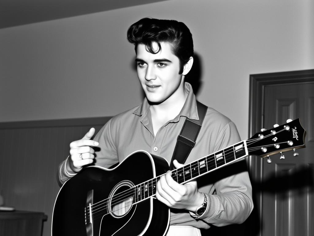 Elvis Presley als junger Mann mit seiner ersten Gitarre