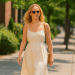 Jennifer Lawrence läuft entspannt eine sonnige Allee entlang, trägt ein cremefarbenes Sommerkleid und Sonnenbrille.
