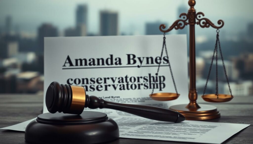 A legal document with "Amanda Bynes" and "conservatorship" prominently displayed, surrounded by a somber, muted color palette. In the foreground, a gavel and scales of justice symbolize the legal proceedings. The background features a blurred, hazy cityscape, evoking the sense of a high-stakes, personal legal battle. The lighting is soft and moody, creating an atmosphere of tension and uncertainty. The composition emphasizes the legal documents and official symbols, conveying the gravity and complexity of Bynes' conservatorship struggles.