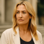Sarah Connor steht im hellen Blazer vor historischer Kulisse und blickt ernst in die Ferne, mit offenem, blondem Haar und natürlichem Make-up.