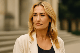 Sarah Connor steht im hellen Blazer vor historischer Kulisse und blickt ernst in die Ferne, mit offenem, blondem Haar und natürlichem Make-up.