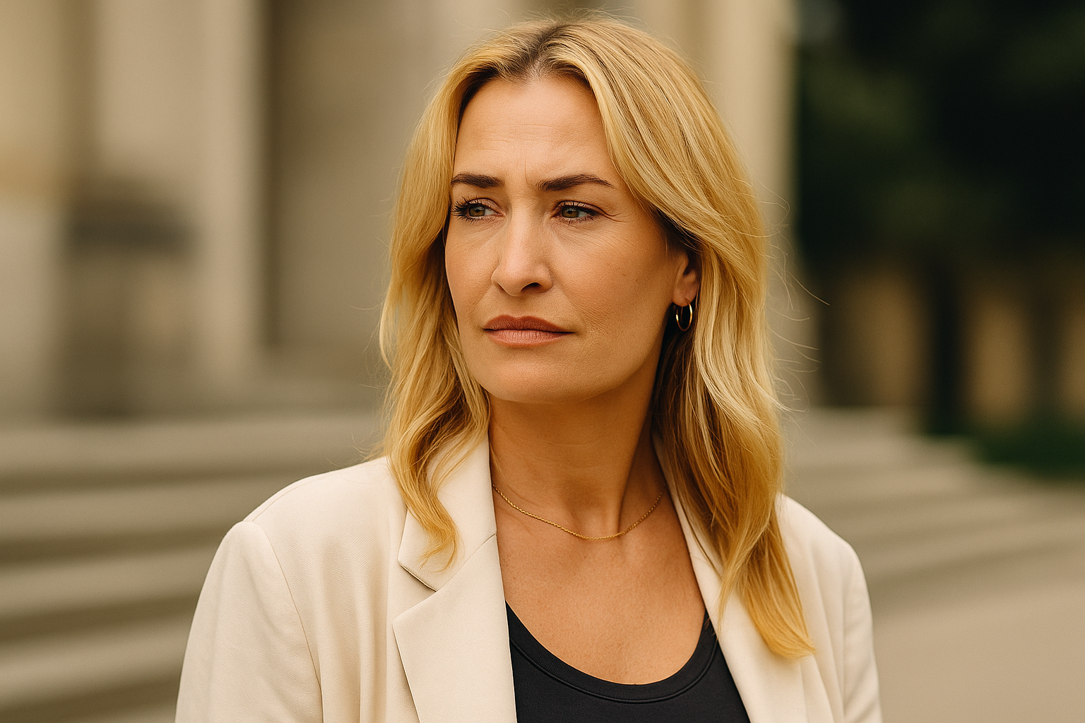 Sarah Connor steht im hellen Blazer vor historischer Kulisse und blickt ernst in die Ferne, mit offenem, blondem Haar und natürlichem Make-up.