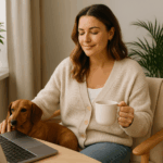 Frau in gemütlichem Cardigan sitzt mit Hund und Kaffeetasse am Laptop in einem hellen, wohnlichen Raum – Work-Life-Balance-Moment.