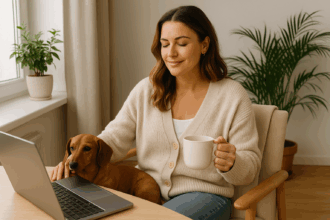 Frau in gemütlichem Cardigan sitzt mit Hund und Kaffeetasse am Laptop in einem hellen, wohnlichen Raum – Work-Life-Balance-Moment.