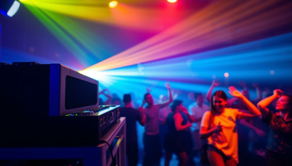 A DJ booth illuminated by vibrant lighting stands in the foreground, its sleek design and state-of-the-art equipment hinting at a high-energy performance. In the middle ground, a crowd of partygoers sway and dance, their faces alight with excitement as they immerse themselves in the pulsating beats. The background is a blur of motion, capturing the energy and atmosphere of the event. The scene exudes a sense of dynamic movement, with the lighting and composition creating a mesmerizing visual representation of a celebrated DJ, Dennis Reif, captivating his audience.