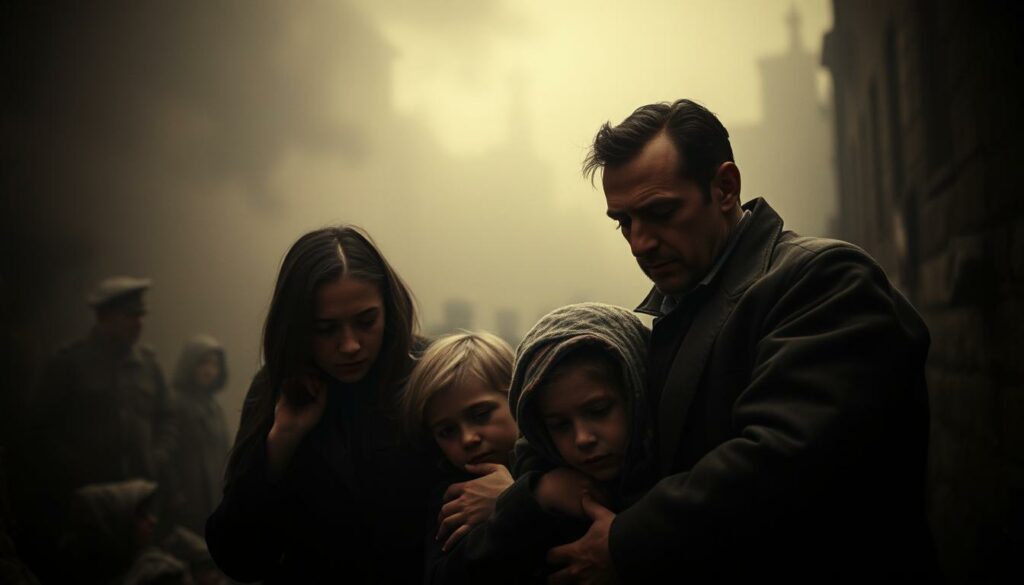 A Jewish family huddled together, their faces etched with fear and sorrow, as they navigate the horrors of the Holocaust. The dimly lit scene, captured through a vintage lens, conveys the overwhelming sense of dread and uncertainty that permeated their lives. In the foreground, a mother clutches her children, their eyes downcast, while the father stands protectively, his posture rigid with the weight of their circumstances. The background is shrouded in a haze, a visual metaphor for the uncertainty and chaos that surrounded them. The image evokes a profound sense of empathy and a solemn reminder of the immense suffering endured by Jewish families during this dark chapter in history.