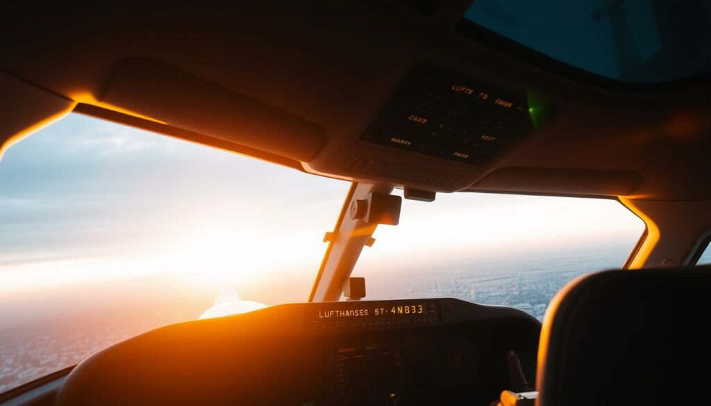A Lufthansa Boeing 747 "Jumbo Jet" radio transmitting a "Mayday" emergency call, seen from the cockpit with a dramatic low-angle view. The aircraft's exterior is illuminated by the setting sun, casting warm golden light and deep shadows. The instrument panel is brightly lit, with the pilots' hands urgently working the controls. In the background, the city of São Paulo can be seen through the windshield, indicating the plane's imminent landing. An atmosphere of tension and urgency pervades the scene, reflecting the critical situation described in the article.