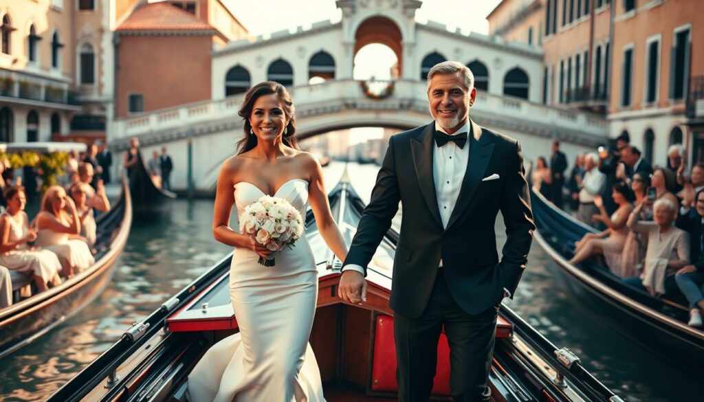 A Venetian wedding in the heart of the city, with the iconic Rialto Bridge as the stunning backdrop. The newlywed couple, George and Amal Clooney, stand hand-in-hand on a gondola, their faces beaming with joy and love. The scene is bathed in warm, golden light, casting a romantic glow over the surrounding canals and historic architecture. The bride's elegant white gown flows gracefully, complemented by the groom's sleek tuxedo. Guests line the waterfront, waving and cheering, as the Clooneys embark on their new journey together, captured in the timeless beauty of Venice.