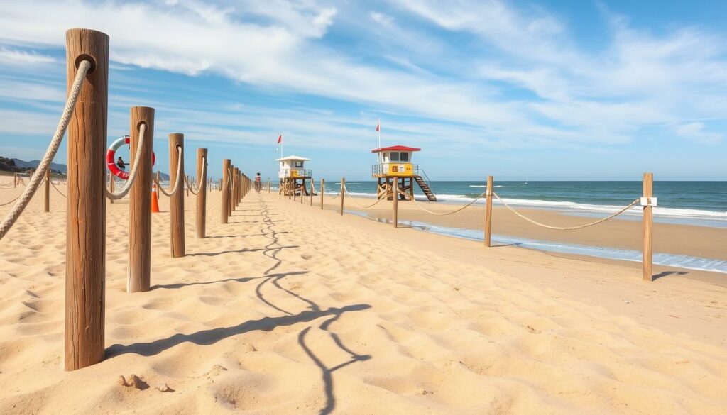 A beach scene with a focus on safety measures, captured with a wide-angle lens to convey a sense of scale and perspective. In the foreground, a series of sturdy wooden posts and ropes demarcate the safe swimming area, their shadows casting patterns on the fine golden sand. In the middle ground, lifeguard stations equipped with binoculars and first-aid kits stand vigilant, while in the distance, a lifeguard tower overlooks the gently lapping waves. The sky is a serene blue, with wispy clouds adding depth and texture. The overall atmosphere is one of order, security, and a responsible approach to beach safety, befitting the section title "Reaktionen der Behörden und regionale Vergleiche".