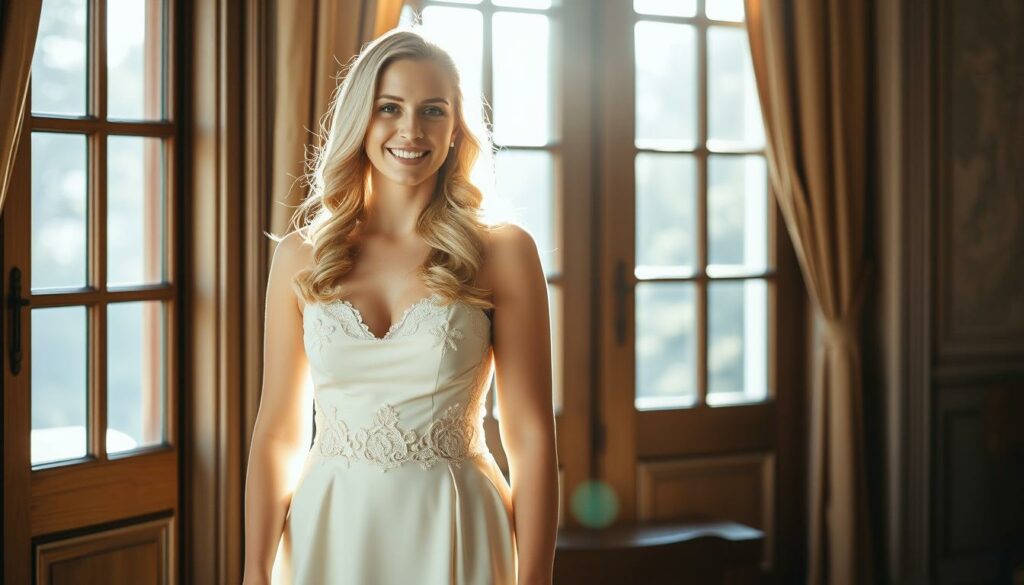 A beautiful bride, Anika Neuer, stands radiant in a chic, cream-colored two-piece ensemble, her golden hair cascading in soft waves. The sunlight filters through the windows, casting a warm, romantic glow on her serene expression. The elegant silhouette of her outfit accentuates her graceful figure, while the delicate lace detailing adds a touch of subtle sophistication. The scene exudes an air of timeless elegance, capturing the joy and excitement of this special moment in the Neuer family's celebratory Südtirol wedding.