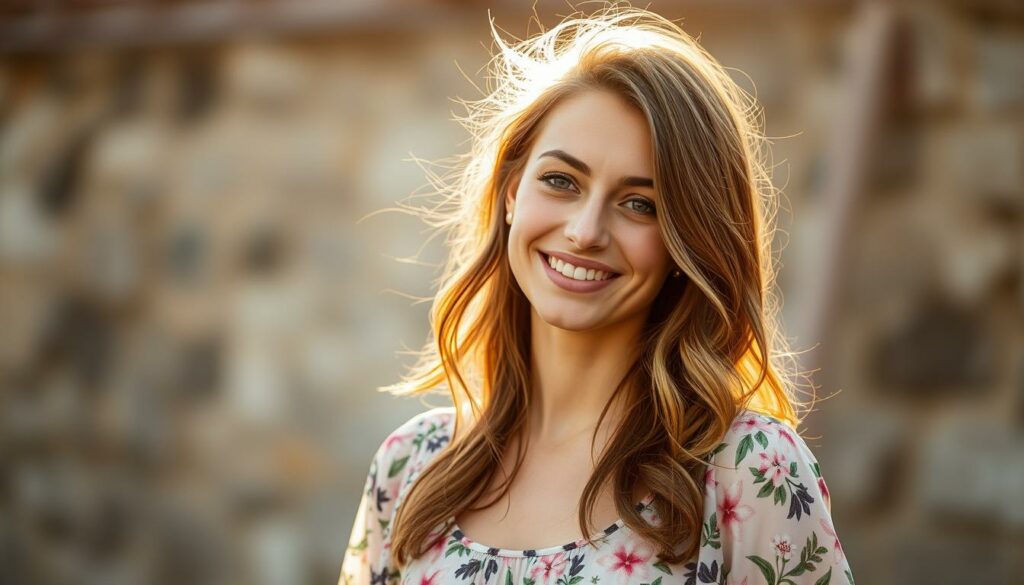 A beautiful young woman, Antonia Hemmer, stands against a softly blurred backdrop, her expression radiant and content. She wears a flowing floral dress, hair gently tousled by a light breeze. Warm, golden-hour lighting bathes her face, highlighting her delicate features and the sparkle in her eyes - a reflection of her newfound happiness. The scene exudes a sense of tranquility and inner peace, as if Antonia has found a renewed zest for life, unencumbered by the formalities of a new relationship. The overall impression is one of a woman who has discovered a newfound joy, comfortable in her own skin and embracing the present moment.