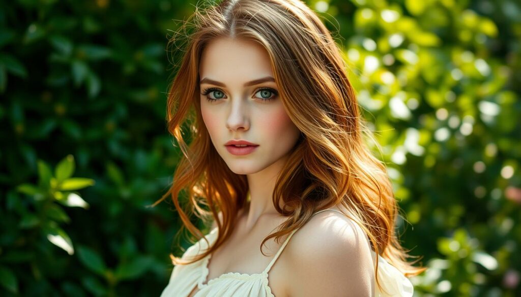 A beautiful young woman with delicate features, Isabella Calthorpe, dressed in a flowing summer dress, stands gracefully in a lush, verdant garden. Soft, diffused light caresses her face, creating an aura of enchantment. Her auburn hair cascades gently over her shoulders, and her eyes convey a captivating mix of innocence and allure. The background is a tapestry of vibrant green foliage, hinting at the secluded, intimate setting of a summertime romance. The overall atmosphere evokes a sense of fleeting, sensual indulgence, befitting the title "The Brief Seduction."