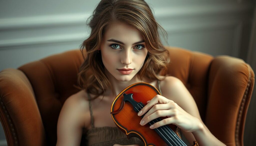 A beautiful young woman with warm, hazel eyes and wavy, chestnut hair sits gracefully on a plush, velvet armchair, her slender fingers delicately cradling a gleaming, wooden violin. Soft, diffused lighting creates an intimate, romantic atmosphere, casting gentle shadows and highlights across her serene, pensive expression. The background is blurred, allowing the viewer to focus solely on her captivating presence, her unwavering passion for music radiating from every gesture. The image conveys a sense of tranquility, a moment of deep, introspective contemplation, perfectly capturing the essence of "Die Liebe zu Leonie Miller".