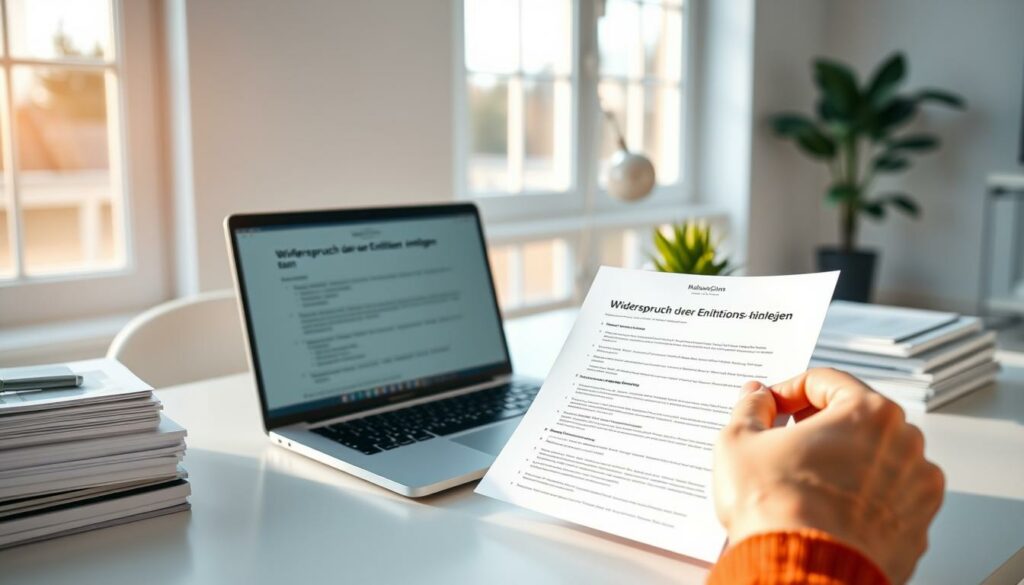 A bright, airy home office scene. A laptop sits open on a sleek, modern desk, surrounded by neat stacks of papers and a tasteful potted plant. In the foreground, a person's hands are shown carefully filling out a detailed online form, the header reading "Widerspruch über Einstellungen einlegen". The room is illuminated by warm, natural light filtering in through large windows, creating a serene, focused atmosphere. The overall composition conveys a sense of organization and attention to detail as the individual navigates the process of submitting their objection.