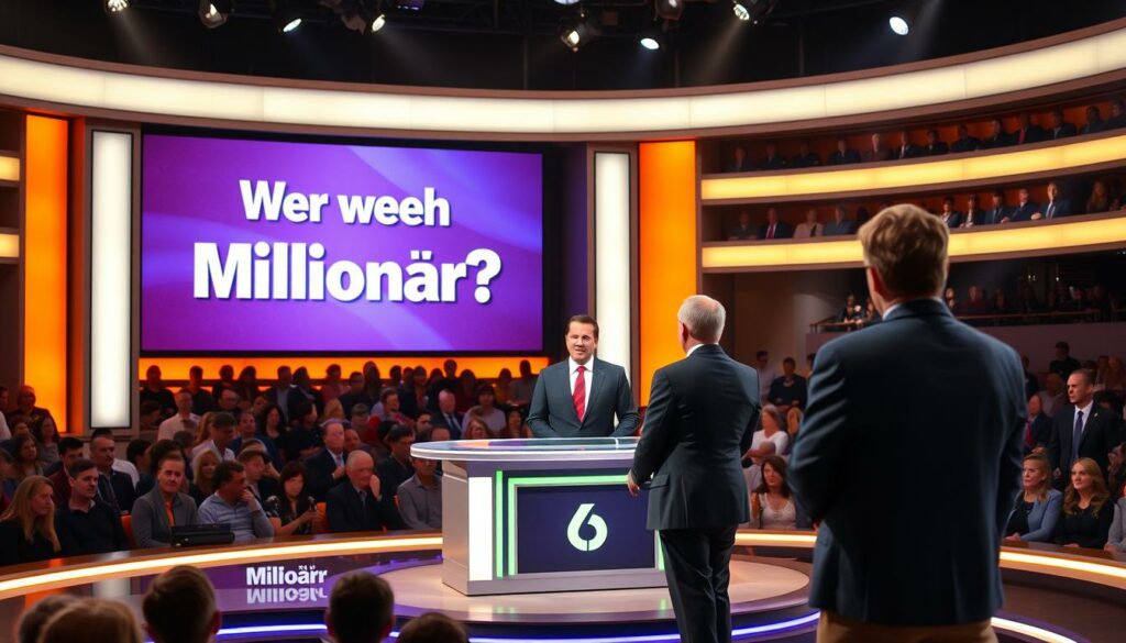A brightly lit TV studio set, with a large game show stage in the foreground. The iconic "Wer wird Millionär?" logo prominently displayed on a large screen behind the host's desk. In the middle ground, Günther Jauch, the legendary host, stands confidently, dressed in a sharp suit, engaging with a nervous contestant. The audience, a sea of faces, fills the background, creating an atmosphere of excitement and anticipation. Soft, warm lighting illuminates the scene, giving it a polished, professional feel. The camera angle is slightly elevated, conveying a sense of authority and grandeur associated with this beloved TV institution.