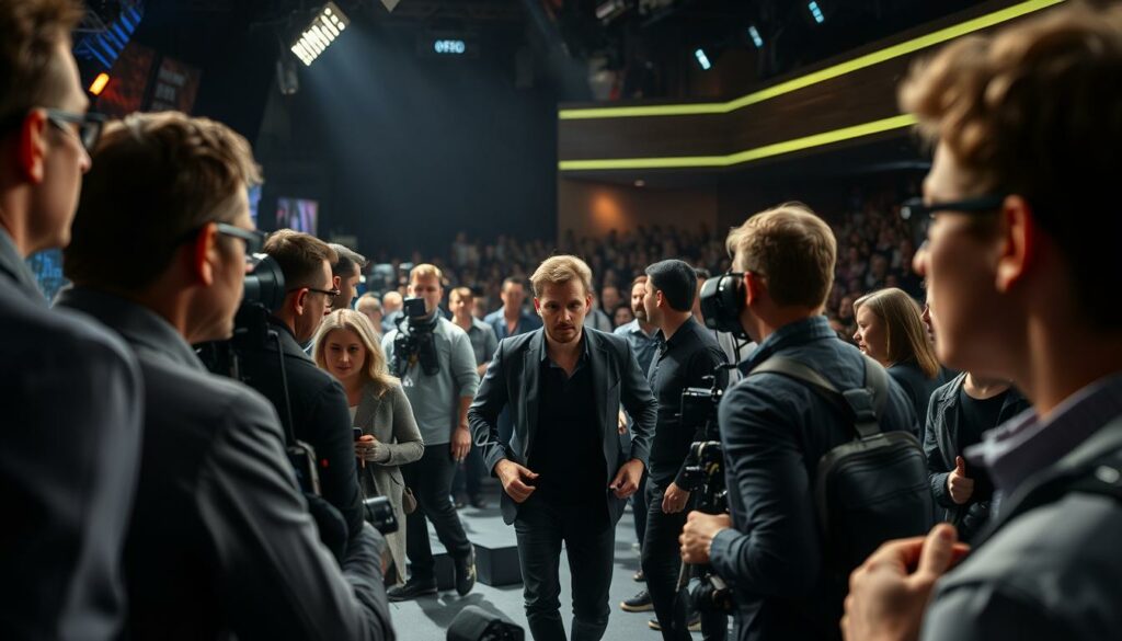 A bustling backstage scene at a live TV studio, captured through a telephoto lens. In the foreground, crew members hurry about, coordinating last-minute preparations - a flurry of activity reflected in their tense expressions and nervous energy. The middle ground reveals a glimpse of the presenter, Stefan Mross, pacing backstage, his face tense with anticipation. Soft, dramatic lighting casts shadows and highlights the sense of anticipation and excitement building. In the background, the muted sounds of the audience can be heard, creating a palpable atmosphere of expectation. The overall composition conveys the idea of "palpable excitement behind the scenes" as the show is about to go live.