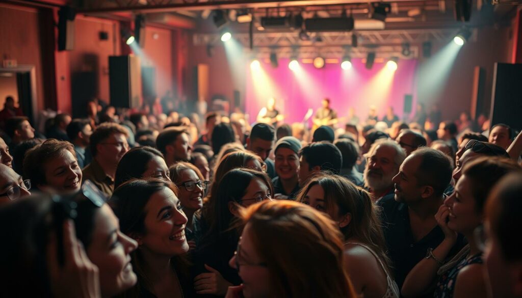 A bustling crowd of music fans and fellow artists, gathered in a warm, celebratory atmosphere. In the foreground, expressions of joy, surprise, and solidarity are captured through detailed facial features and gestures. The middle ground reveals a sense of camaraderie, with colleagues embracing and exchanging animated conversations. In the background, a vibrant stage setup, hinting at the performance that has just taken place. Soft, evocative lighting casts a glow, conveying the emotional impact of the moment. The overall composition evokes a palpable sense of community, appreciation, and the shared experience of music.