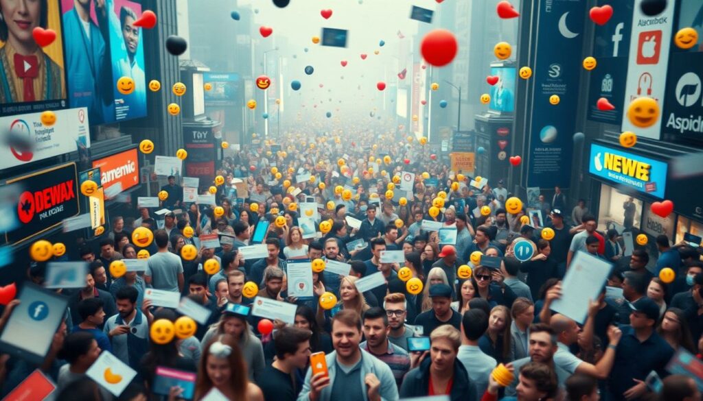 A bustling digital town square, filled with a cacophony of reactions to the news of Jolina Mennen's lip dissolution. In the foreground, a swirling maelstrom of social media posts, emojis, and comments - some supportive, others critical, all amplified by the echo chamber of online discourse. In the middle ground, a crowd of virtual onlookers, their faces a mosaic of diverse expressions, ranging from curiosity to judgment. The background depicts a hazy, hyper-connected landscape, where news and opinions spread like wildfire, creating a sense of both immediacy and detachment. Cinematic lighting and a slightly distorted, impressionistic style imbue the scene with a sense of heightened emotion and the overwhelming nature of public reaction.