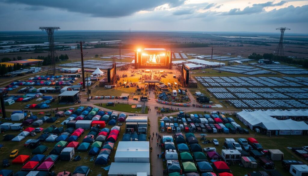 A bustling festival grounds with intricate infrastructure and logistics on full display. In the foreground, rows of colorful tents and mobile structures dot the landscape, housing temporary accommodations and amenities for the swelling crowds. In the middle ground, a network of pathways, scaffolding, and temporary stages create a well-organized framework for the event. Towering lighting rigs and sound equipment loom overhead, casting a warm, focused glow across the scene. In the background, a sprawling campsite extends into the distance, with orderly lines of parked vehicles and bustling activity. The atmosphere is one of efficient preparation, anticipation, and the sheer scale required to orchestrate a world-class music festival.