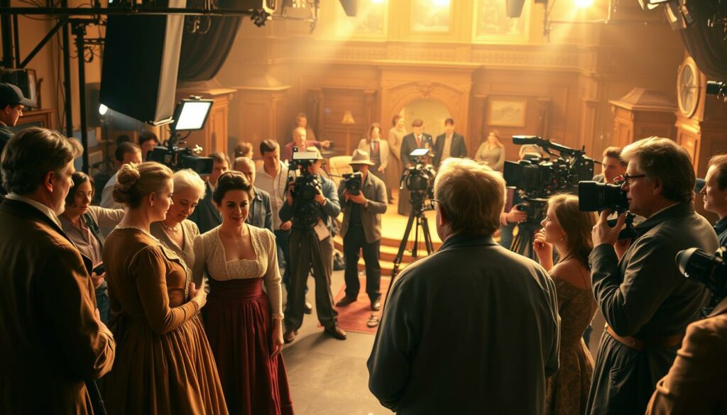 A bustling film set, where beloved television stars come to life. In the foreground, actors in period costumes rehearse their lines, the director's voice echoing across the scene. In the middle ground, a crew of skilled technicians, wielding cameras and lighting equipment, capture the magic unfolding. The background reveals a meticulously crafted set, transporting the viewer to a different time and place. Warm, golden lighting bathes the scene, evoking a sense of nostalgia and the bittersweet reality that some of these talented individuals are no longer with us. The atmosphere is one of focused intensity, a testament to the dedication and passion that goes into creating the captivating stories we cherish.