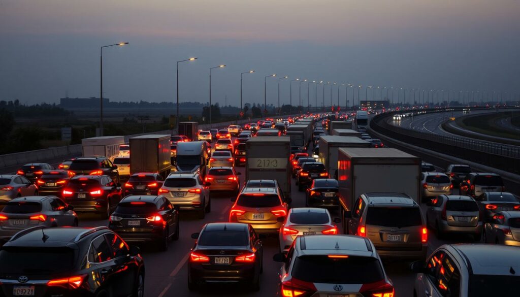 A bustling highway intersection during rush hour, vehicles of all shapes and sizes navigating through a tangle of congestion. In the foreground, a panorama of cars and trucks at a standstill, their brake lights glowing against the dusky twilight. The middle ground features a mix of sedans, SUVs, and commercial trucks, their drivers peering anxiously through windshields, searching for an opening. In the distance, the highway curves away, disappearing into a hazy horizon, suggesting the expanse of the jam. Overhead, a network of street lamps casts a warm, amber glow, illuminating the scene with a sense of urgency. The mood is one of frustration and impatience, as travelers grapple with the unexpected delays of international travel.